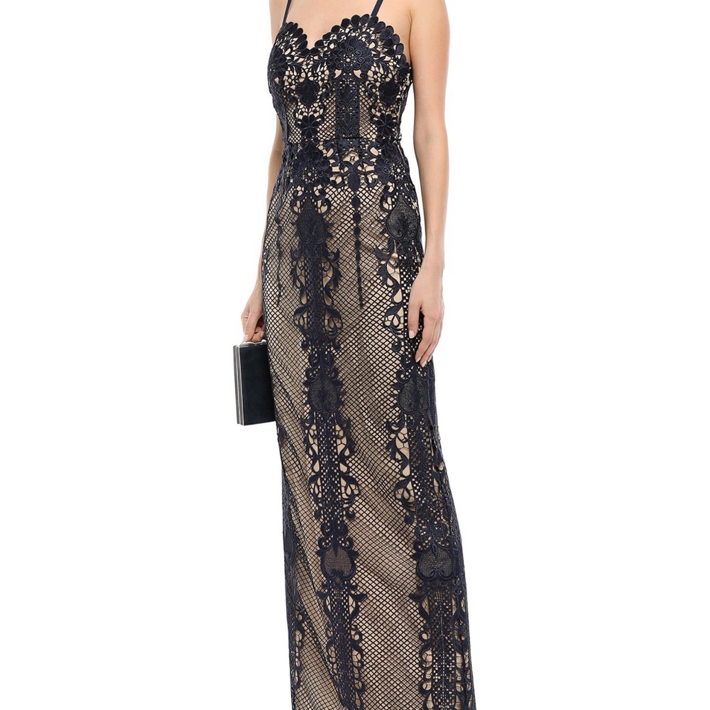 NWT Designer Catherine Deane Navy/Almond Lace Elegant Evening Gown/Maxi Dress